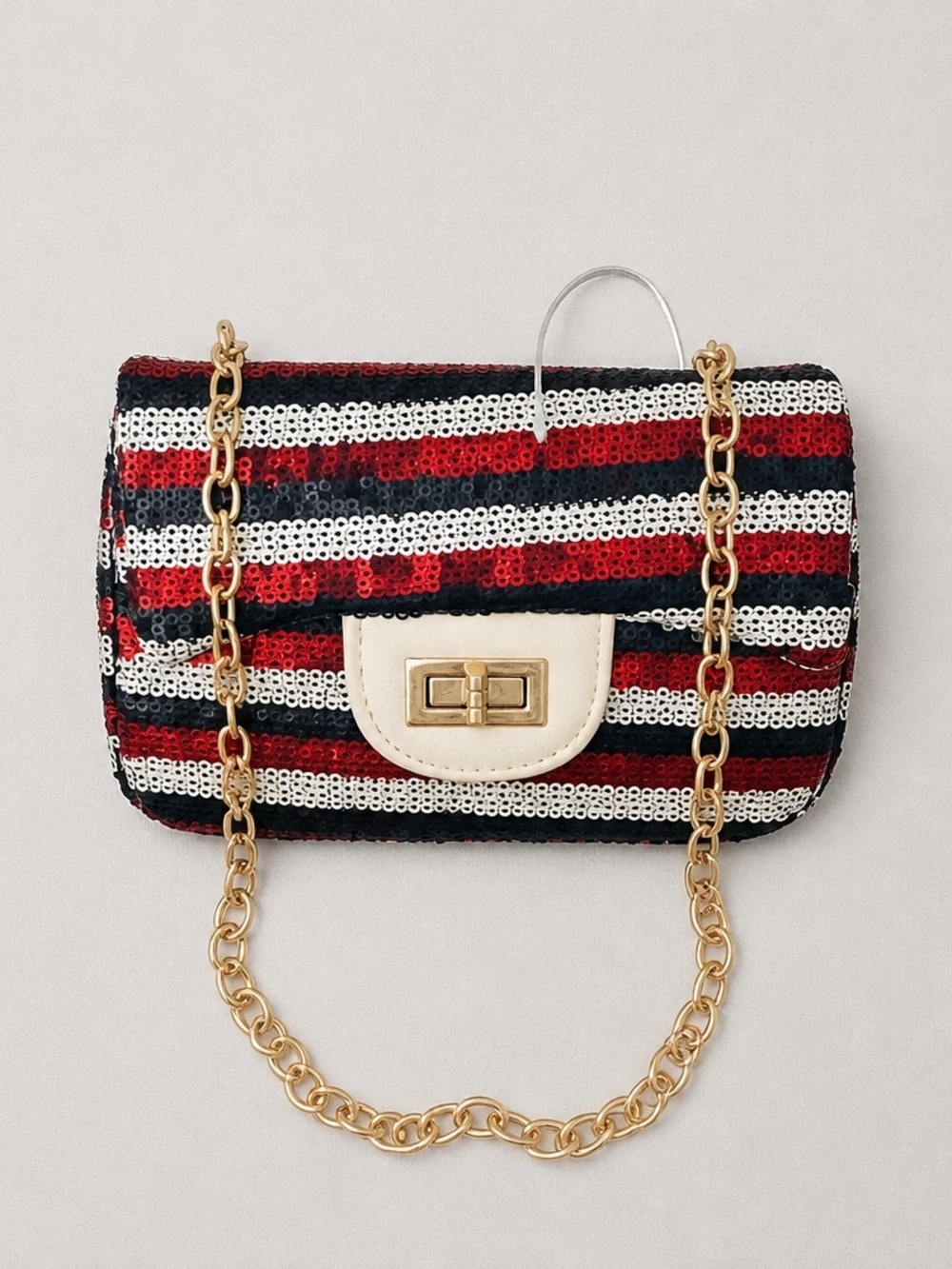 NWT Doe A Dear Girls Striped Sequin Purse Crossbody Black Red White Gold Accents